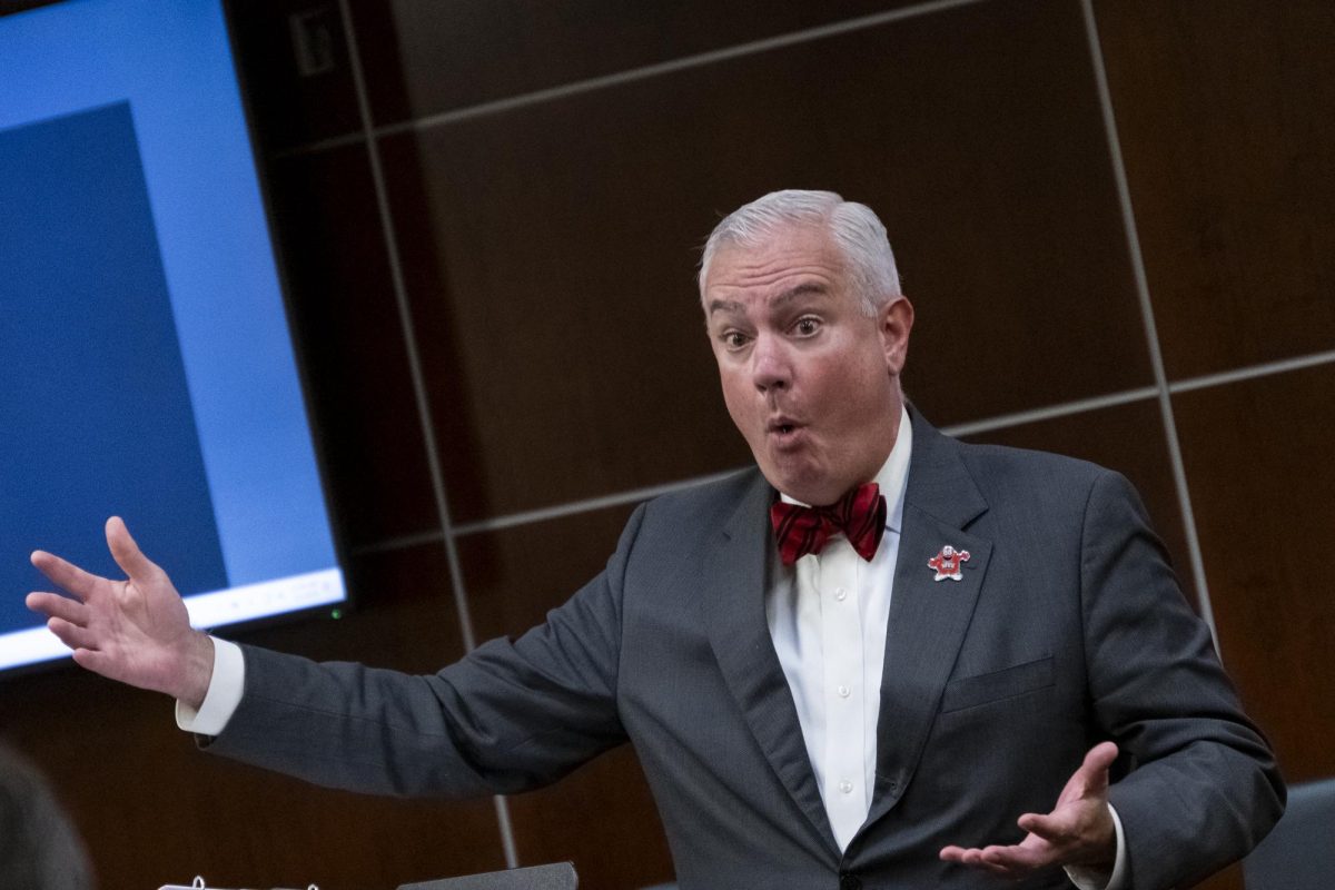 WKU President Timothy Caboni answers questions submitted by staff during the monthly Staff Senate meeting in the SGA chambers on Sept. 2, 2025. 
