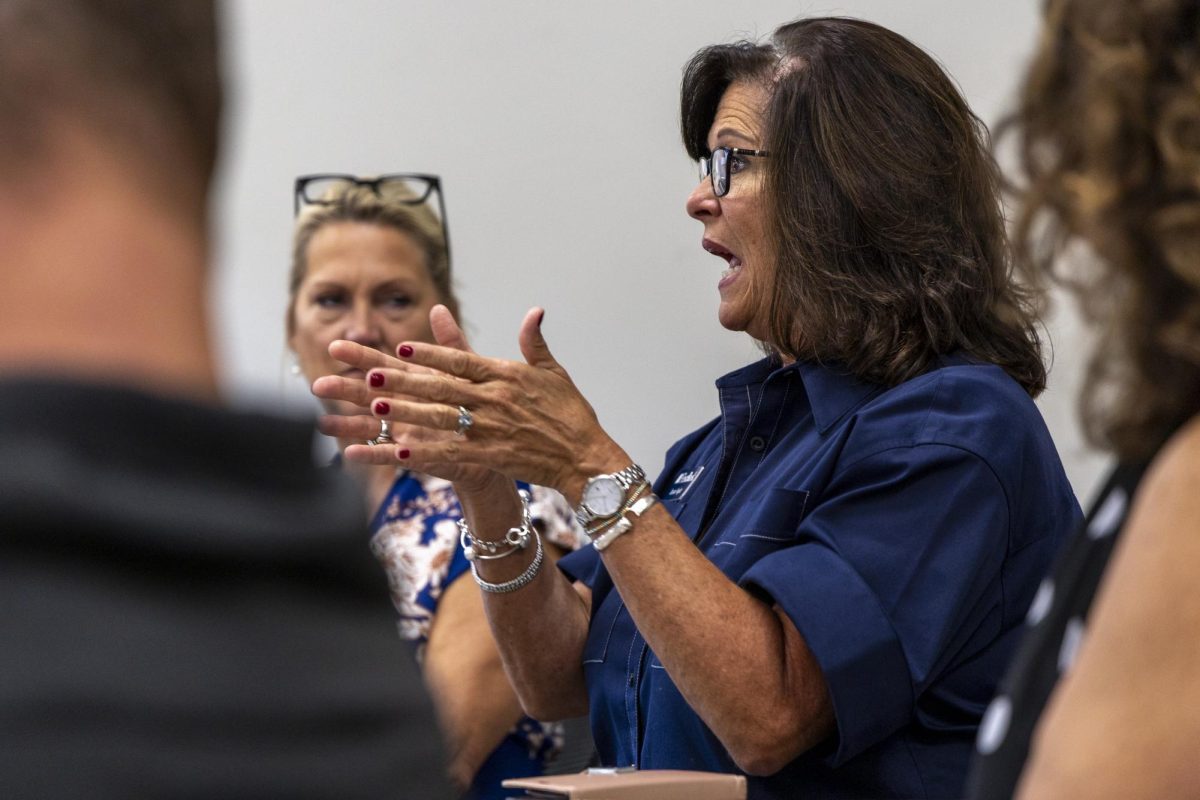 Tamera Volger, attending as a representative for the meeting’s sponsor, FirstBank, asked questions at the end of Mariah Yates’ presentation at the WKU Innovation Campus on Sept. 11, 2025.