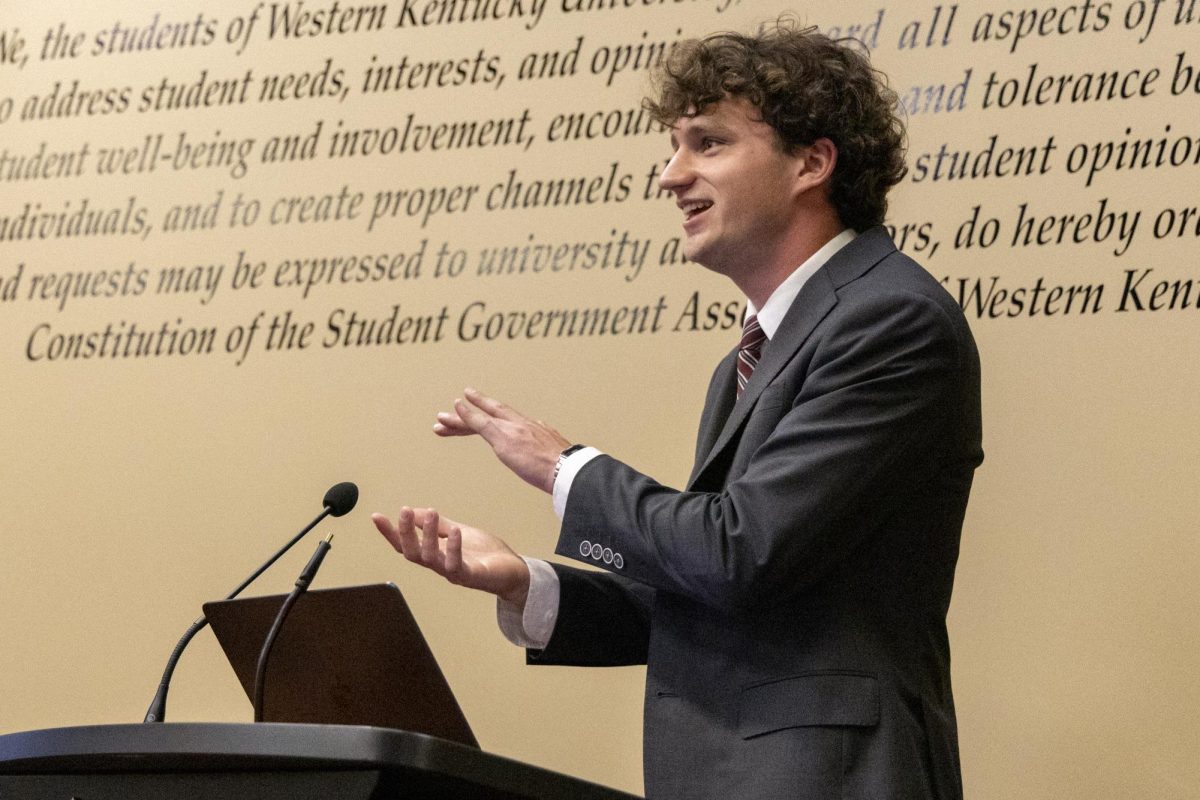 Student Body President Rush Robinson speaks in front of the student senate in the DSU senate chambers on Sept. 16, 2025.