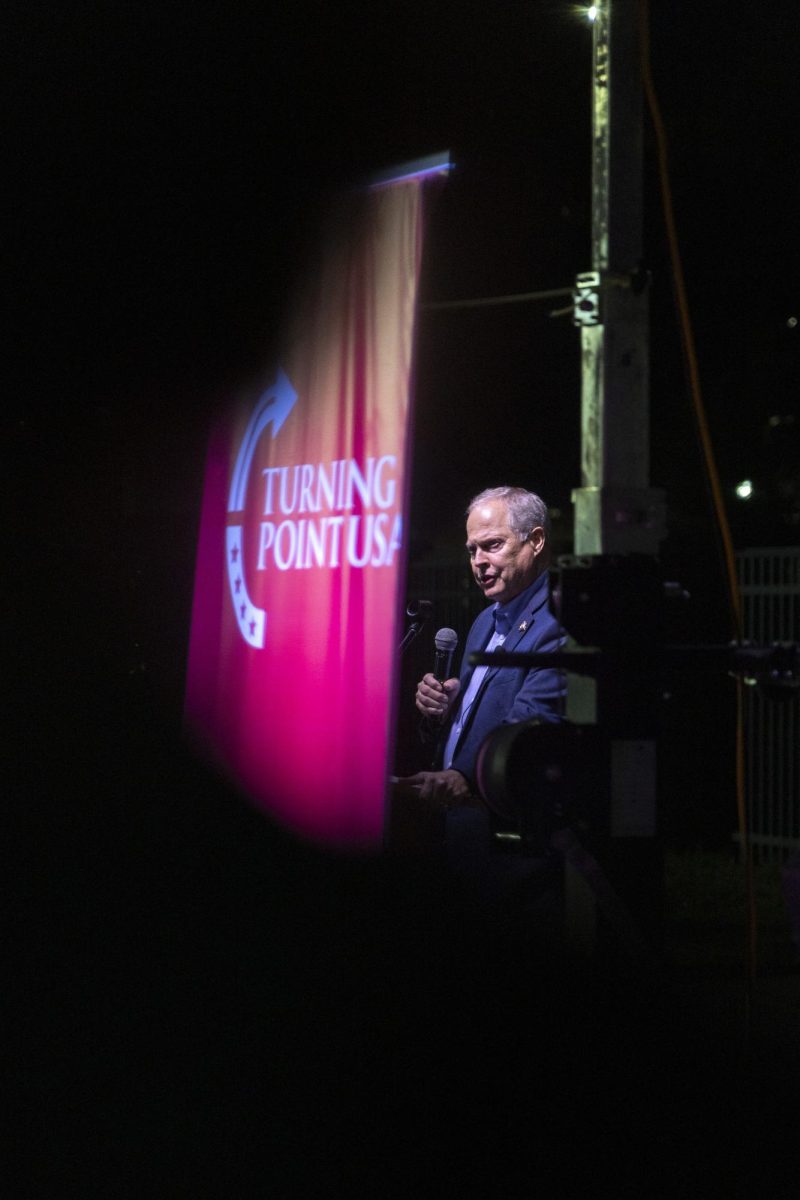 Kentucky State Senator Mike Wilson gives a speech during the WKU chapter of Turning Point USA’s vigil for conservative commentator Charlie Kirk on the South Lawn on Thursday, Sept. 25, 2025.