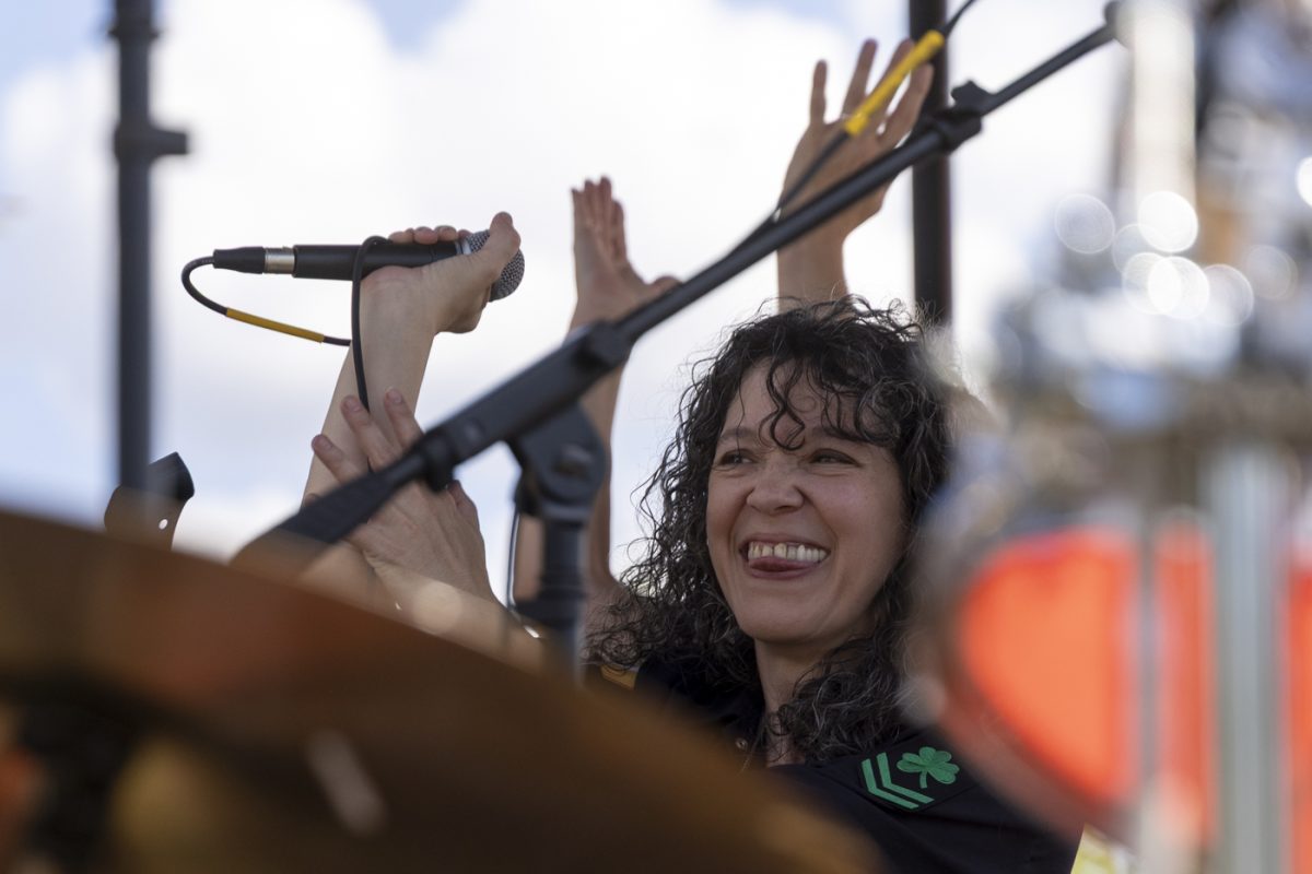 Rebecca Mullikin of the Appalachian Irish rock band “Tuatha Dea” sings vocals during their performance during the Bowling Green International Festival at Circus Square Park on Saturday, Sept. 27, 2025.