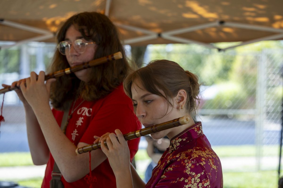 Elaine Zeiser left, Talia Ellis members of WKU Chinese Music Club, play their instruments at the Bowling Green International Festival to promote the club on  on September 27, 2025. 