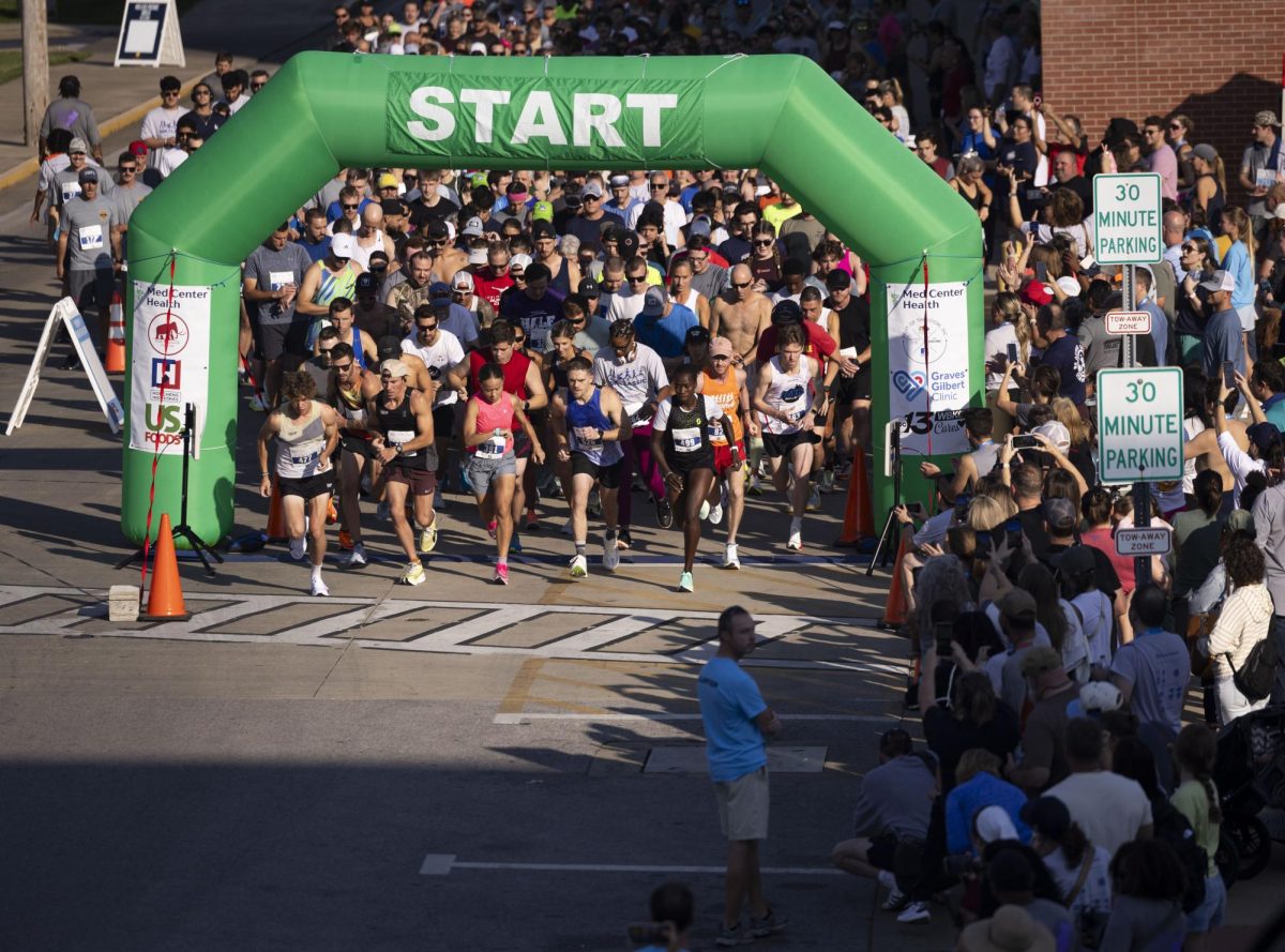 Runners begin the Med Center Health 10k Classic on Saturday, Sept. 20, 2025, in downtown Bowling Green, Ky.