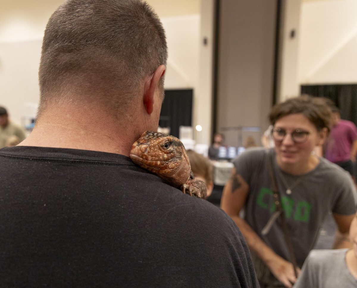 A man holds one of his lizards while tabling on Sunday, Sept. 28, 2025 during the Bowling Green Kentucky Reptile and Exotic Show.