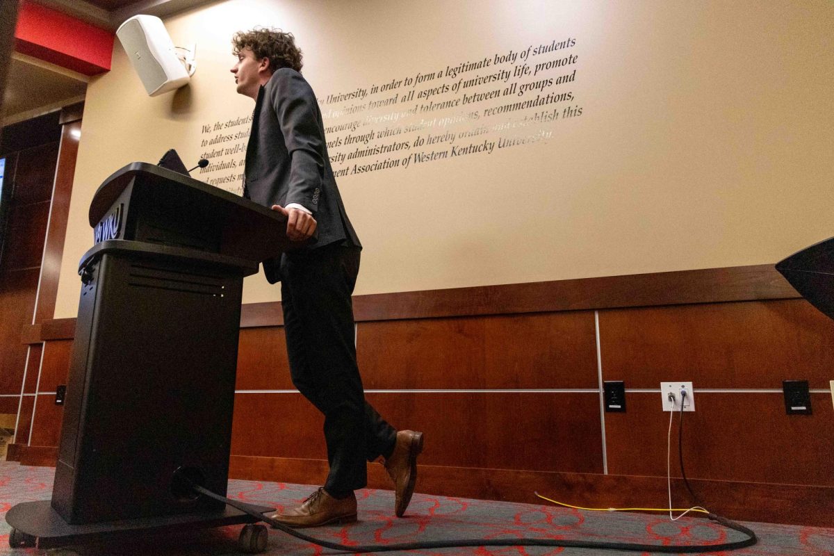 Student Body President Rush Robinson speaks in front of the student senate in the DSU senate chambers on Sept. 16, 2025.