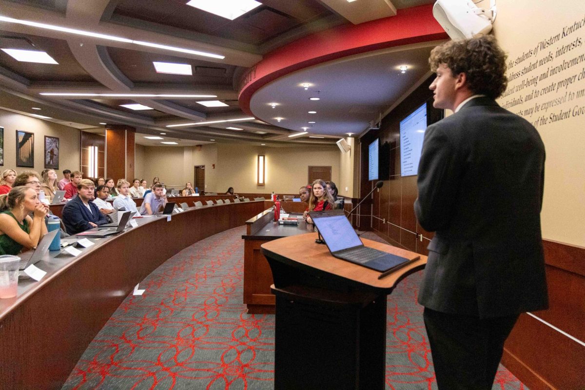Student Body President Rush Robinson speaks in front of the student senate in the DSU senate chambers on Sept. 16, 2025.