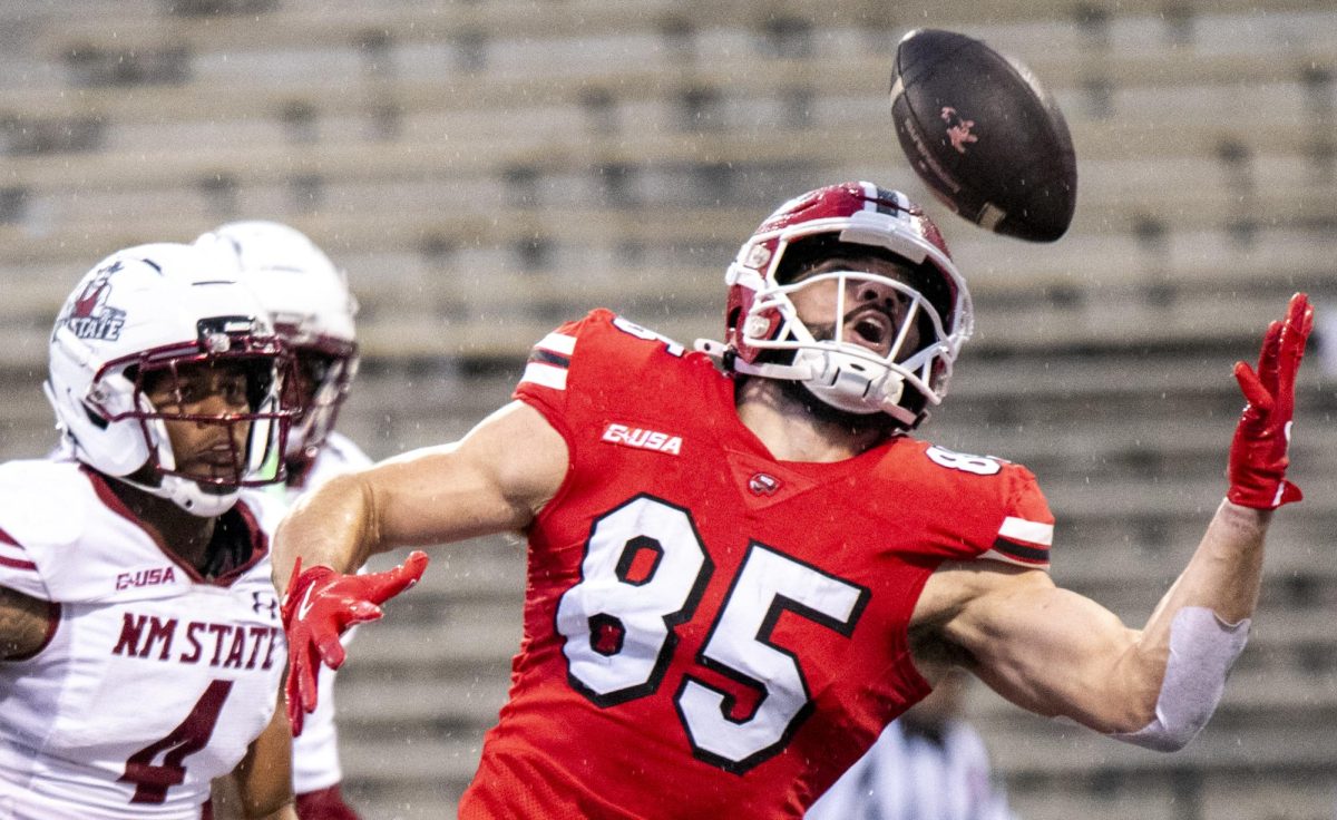 Western Kentucky University Hilltoppers tight end Jackson West (85) jumps for a 6 yard pass touchdown during WKU’s game NMSU on Nov. 1, 2025 in Houchens Industries-L.T. Smith Stadium. West finished the match with 26 receiving yards overall.