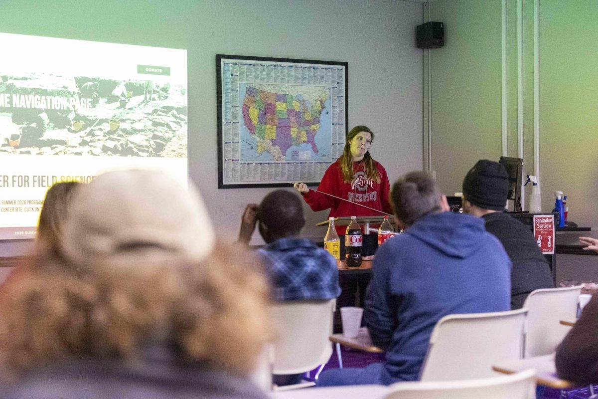 Senior anthropology and nonprofit administration major, Sabrina Bowers, listens to someone in the audience as they ask a question during the Searching for the Lost Viscounts of Spain Brown Bag lecture at the Ivan Wilson Fine arts Center Tuesday, Nov. 11, 2025. 