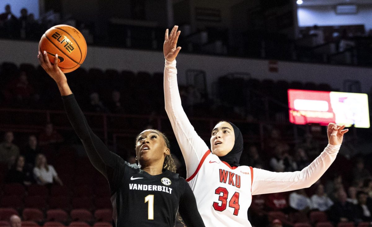Vanderbilt University guard Mikayla Blakes (1) attempts a layup during WKU’s game against Vanderbilt University in E.A. Diddle Arena on Nov. 19, 2025.