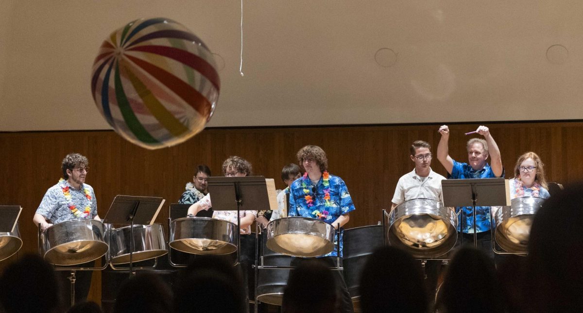Players from the band throw beach balls to the audience amidst their last performance during WKU’s Steelband concert at FAC on Wednesday, Nov. 19, 2025.