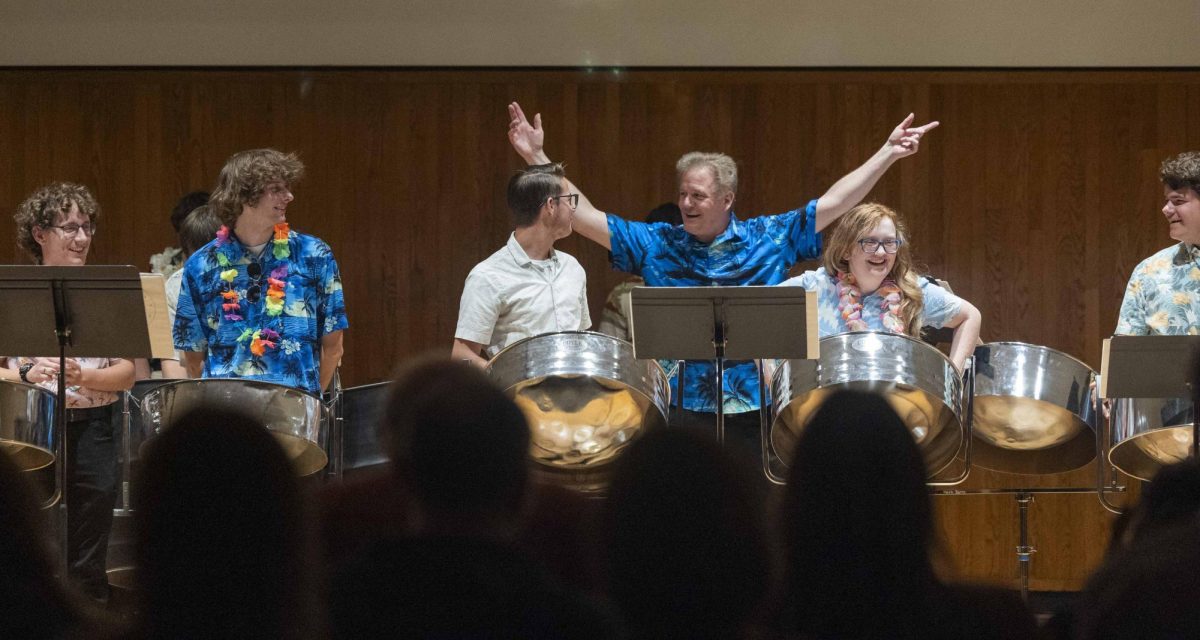 Professor of percussion, Dr. Mark Berry, cheers at the end of WKU’s Steelband concert at FAC on Wednesday, Nov. 19, 2025.