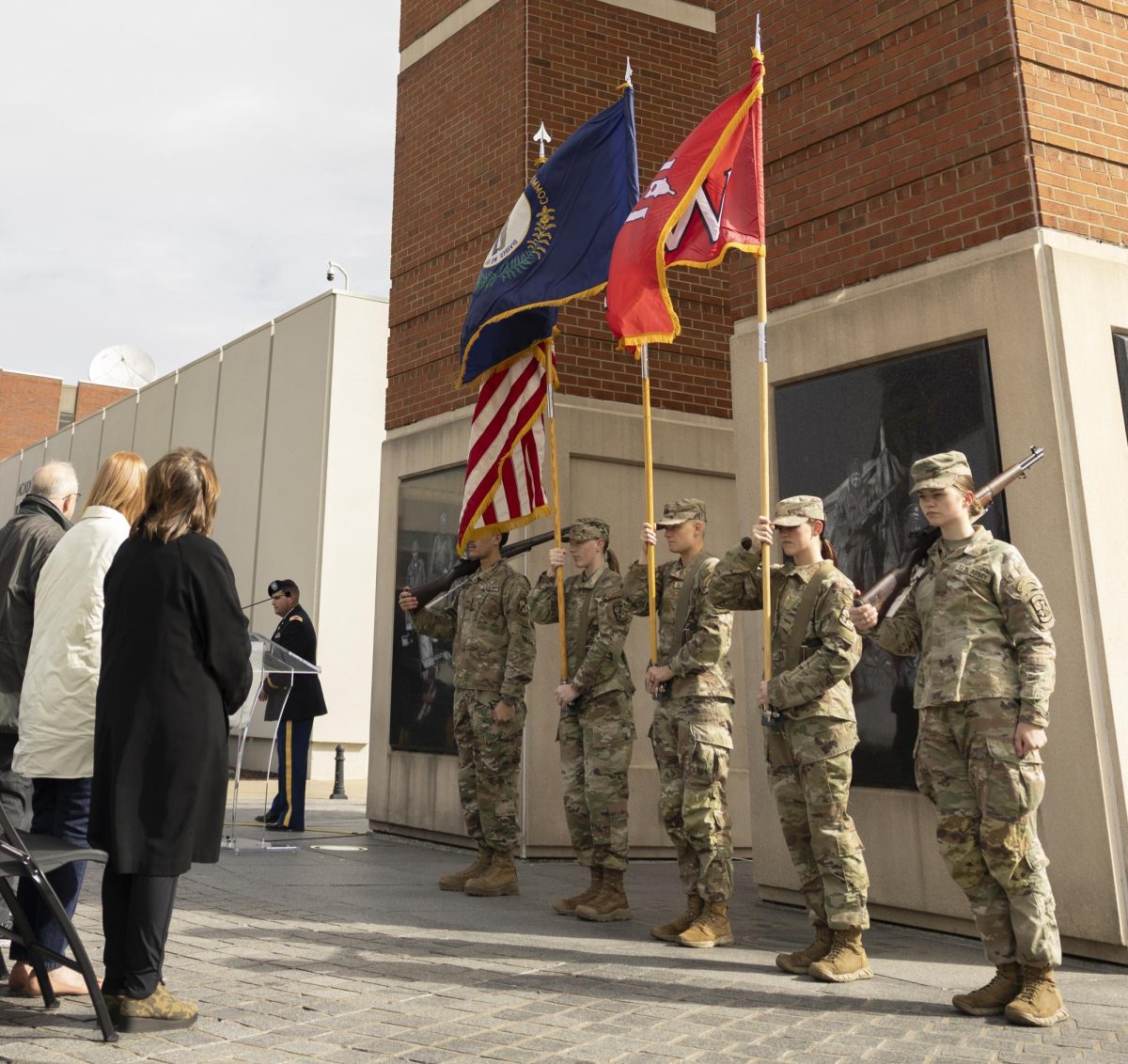 (From left) MS II Cadet Caiden Thompson, MS III Cadet Anna-Leigh Boblett, MS IV Cadet Maddy Hamilton, MS III Cadet Noel Funk and MS III Cadet Kaelyn M. Usenuku, present the colors as members of the WKU Army ROTC Color Guard during WKU’s Veterans Day ceremony on Tuesday, Nov. 11, 2025.