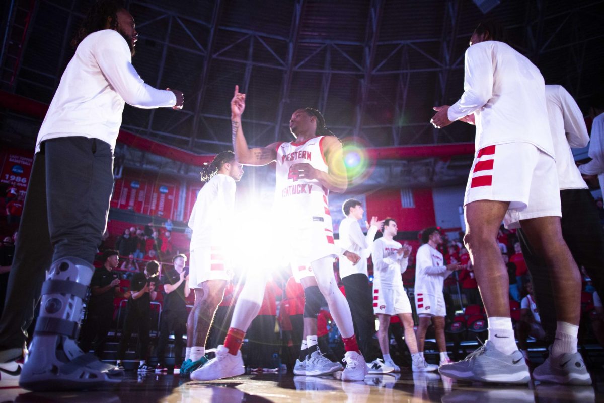Western Kentucky University Hilltoppers guard Ryan Myers (4) steps onto the court before WKU’s game against the Missouri State Bears in E.A. Diddle Arena on Wednesday, Jan. 14, 2026. Myers contributed 8 points to the Hilltoppers 87-72 win. 