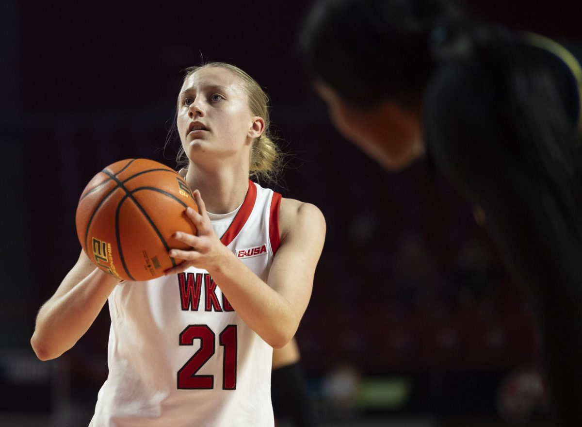 Western Kentucky University guard Enni Ahervuo (21) shoots a free throw during the women’s basketball game against the University of Delaware in E.A. Diddle Arena in Bowling Green, Ky. on Jan. 23, 2026. 