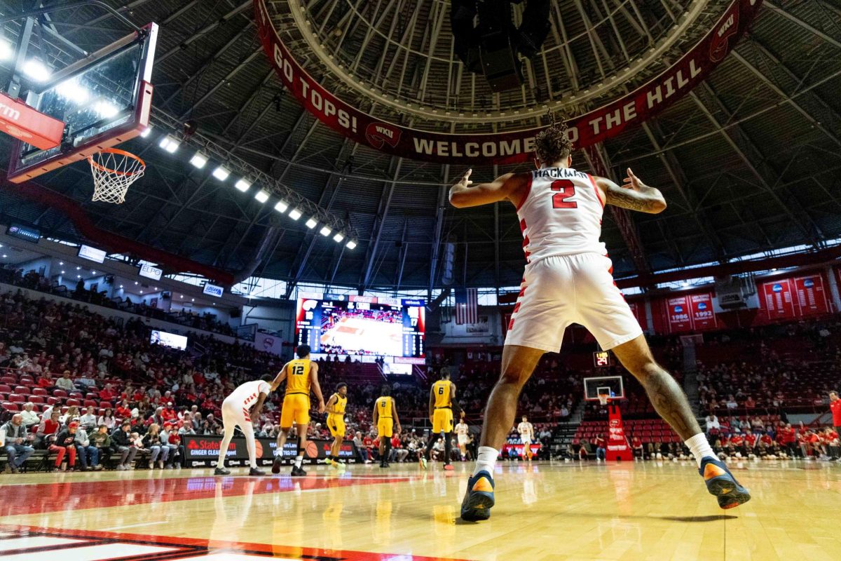 Western Kentucky Hilltoppers Guard LJ Hackman (2) waits for play to begin during WKU’s game against the Kennesaw State Owls in E.A. Diddle Arena on Saturday, Jan. 17, 2026. 