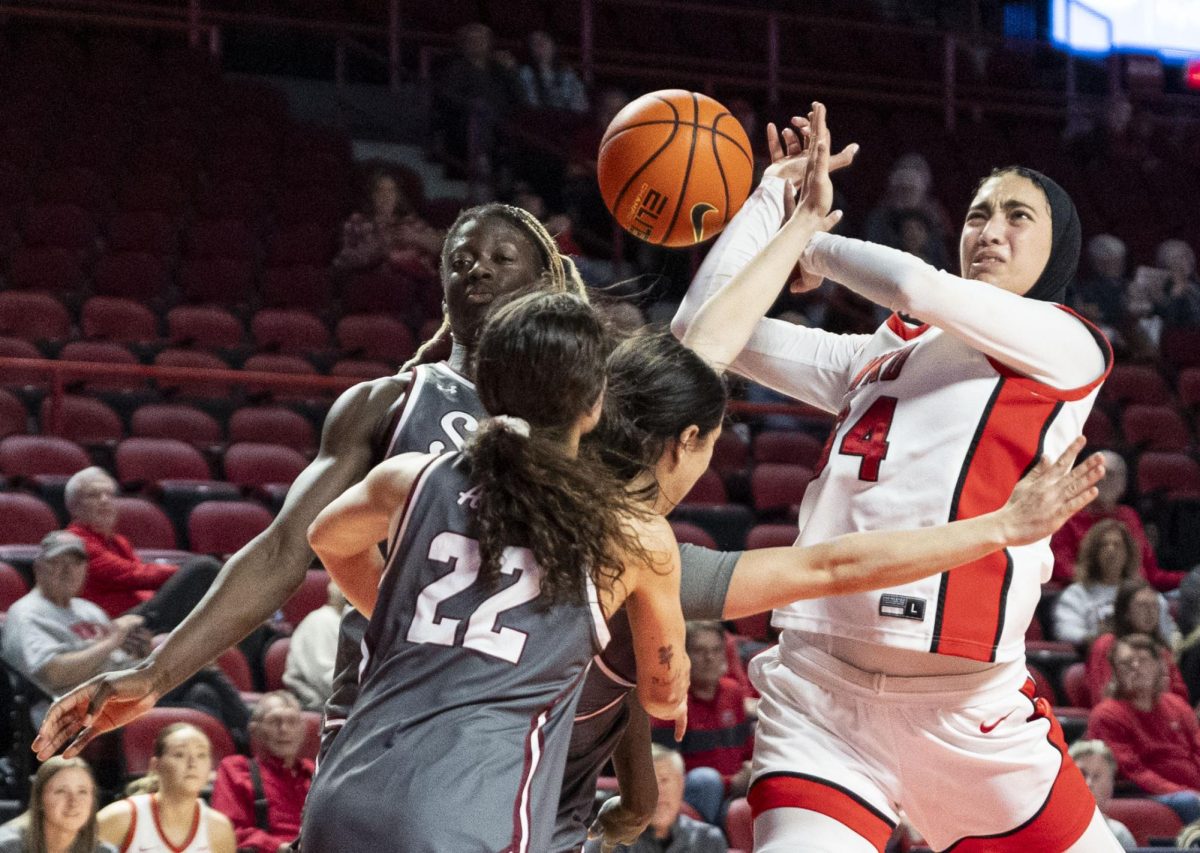 Western Kentucky University Hilltoppers guard Salma Khedr (34) loses control of the ball while driving the lane during WKU’s game against the New Mexico State Aggies on Thursday, Jan. 8, 2026, in E.A. Diddle Arena in Bowling Green, Ky.