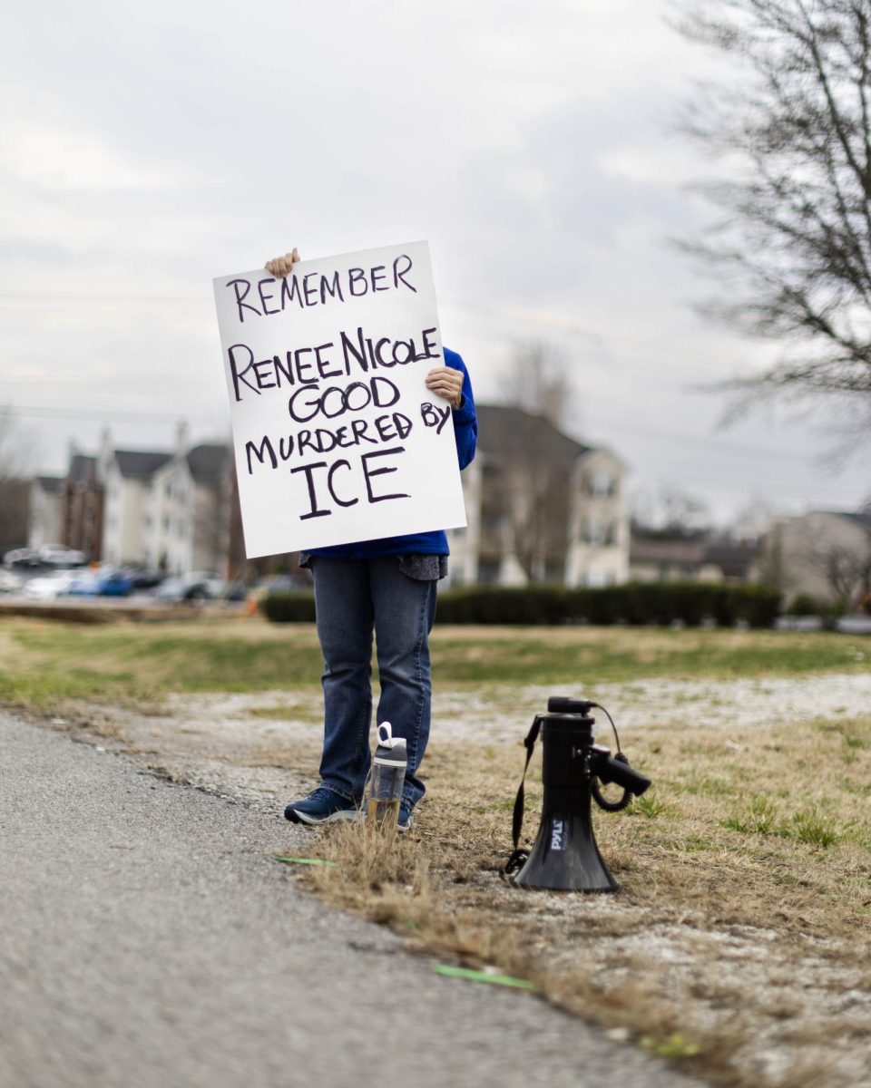 Bowling Green native Sonja Griffith holds a handmade sign during SOKY Indivisible’s protest outside the regional Department of Homeland Security office in Bowling Green, Ky. on Thursday, Jan. 8, 2026 following the killing of Renee Nicole Good by ICE agents in Minneapolis, Mn. “The recklessness of ICE, the murder of the Renee and others. They [ICE] operate like the Gestapo,” Griffith said when asked why she attended the protest. 