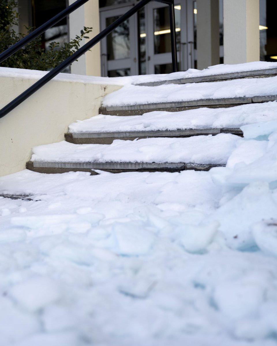 Snow continues to cover stairways in front of Ogden College on Sunday, Feb. 1, 2026.