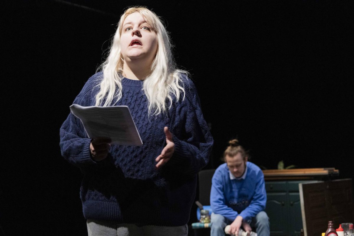 Junior Musical Theatre major Ireland Wolfe (left) and Freshman Theatre major Emory Heckman (right) argue due to past relationship issues during Plays in a Day produced by the WKU Student Chapter of Alpha Psi Omega at the Lab Theatre in Gordon Wilson Hall Sunday, Feb. 8, 2026. 
