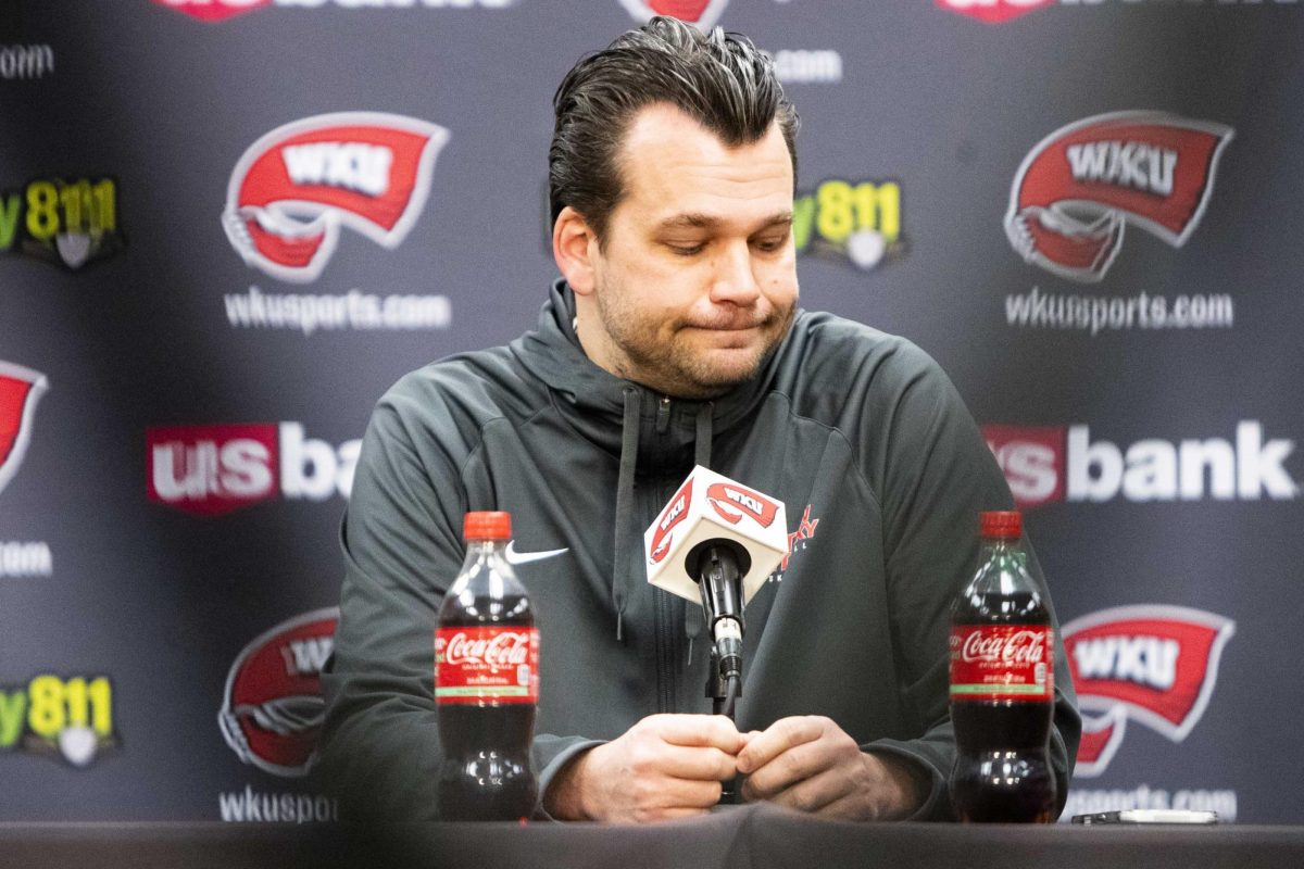 WKU Men’s Basketball Headcoach Hank Plona held a press conference in the Paul Just Media Center in E.A. Diddle Arena on Monday, Feb. 9, 2026. With 2 seasons under Plona, the Hilltoppers have struggled to find their footing in CUSA play, and a dramatic transfer period left the Hilltoppers with 6 returning players and 9 new faces. None of the returning players faced significant minutes on the court. 