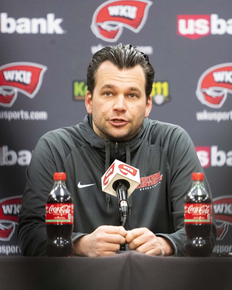 WKU Men’s Basketball Headcoach Hank Plona held a press conference Monday as WKU looks to salvage its underwhelming season in the Paul Just Media Center in E.A. Diddle Arena on Monday, Feb. 9, 2026. The Hilltoppers have struggled in CUSA, accumulating a 13-16 record during 2 seasons under Plona. 