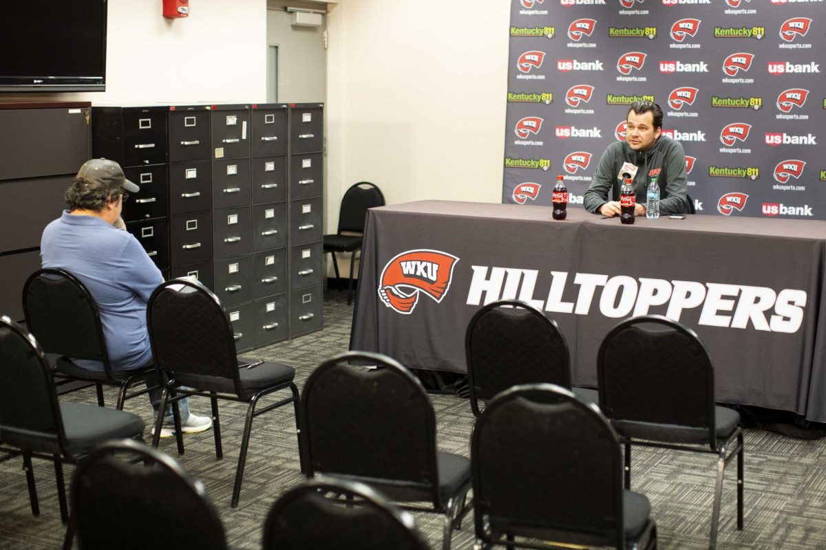 WKU Men’s Basketball Head Coach Hank Plona held a press conference Monday as the Hilltoppers look to improve their season in the Paul Just Media Center in E.A. Diddle Arena on Monday, Feb. 9, 2026. Inconsistent offense, players entering the transfer portal, and a string of injuries have plagued the Hilltoppers 2025-26 season. 