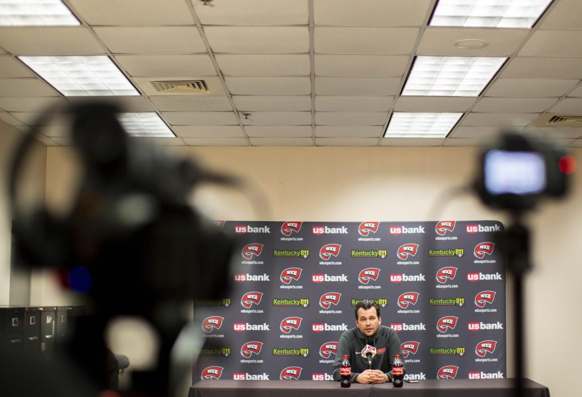 WKU Men’s Basketball Head Coach Hank Plona held a press conference Monday as the Hilltoppers look to improve their season in the Paul Just Media Center in E.A. Diddle Arena on Monday, Feb. 9, 2026. An inability to close games has lead to several narrow losses within 7 points or less as the Hilltoppers struggle to move the ball late-game.