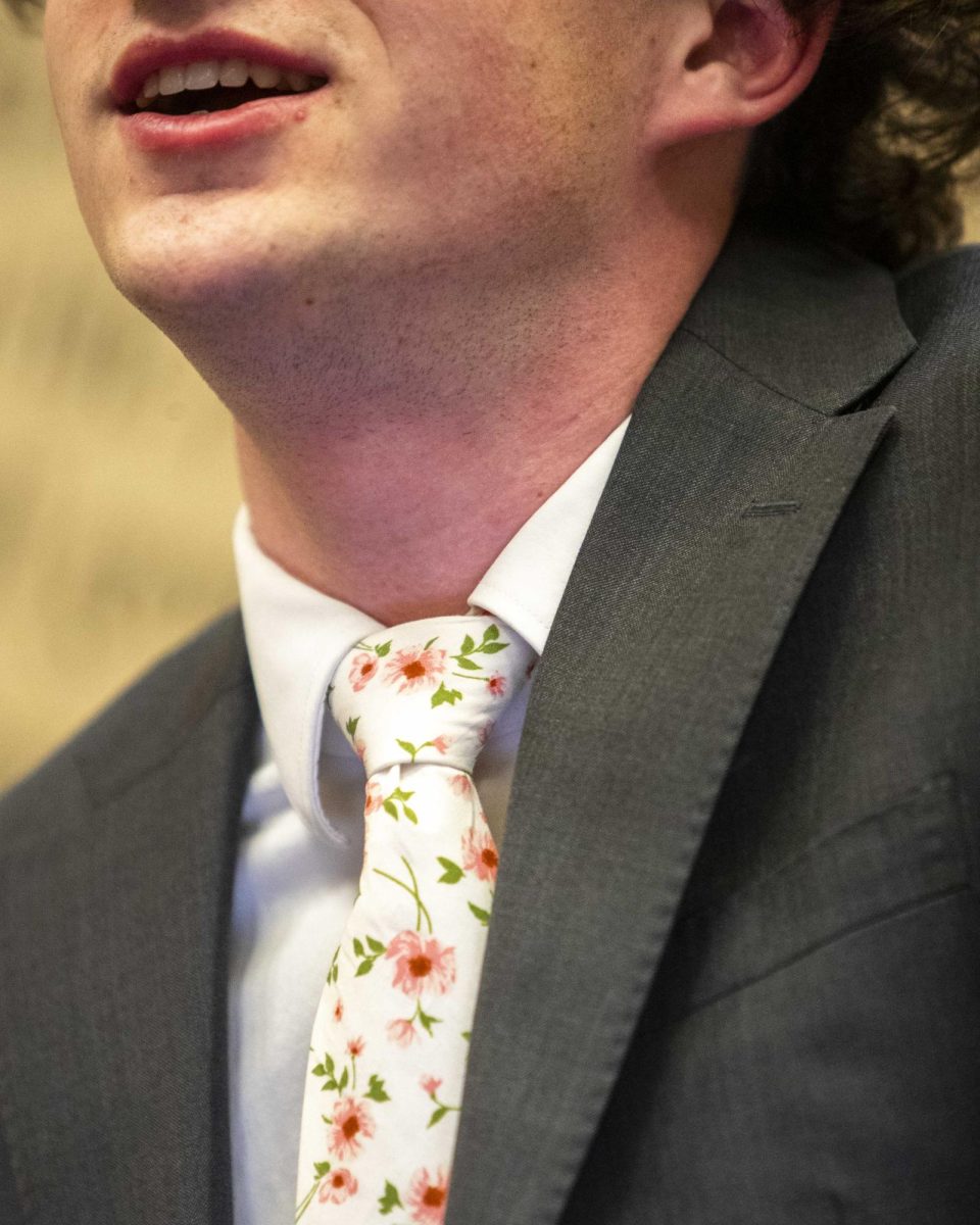 SGA President Rush Robinson dawns a floral tie during the Student Government Association’s weekly meeting in the Downing Student Union Senate Chamber’s on Tuesday, Feb. 10, 2026. Senators delivered questions to members of the WKU Restaurant Group, passed one new resolution and gave their weekly reports during the meeting. 