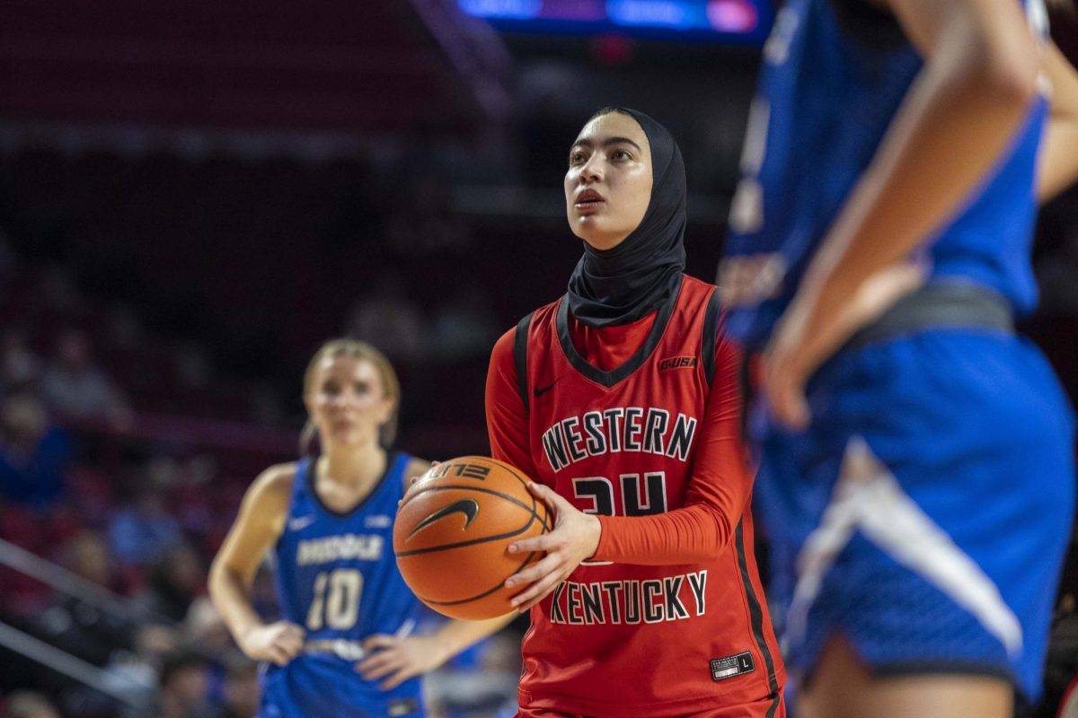 Western Kentucky University’s guard Salma Khedr (34) prepares for a free throw during WKU’s game against MTSU in E.A. Diddle arena on Saturday, Feb. 21, 2026. 