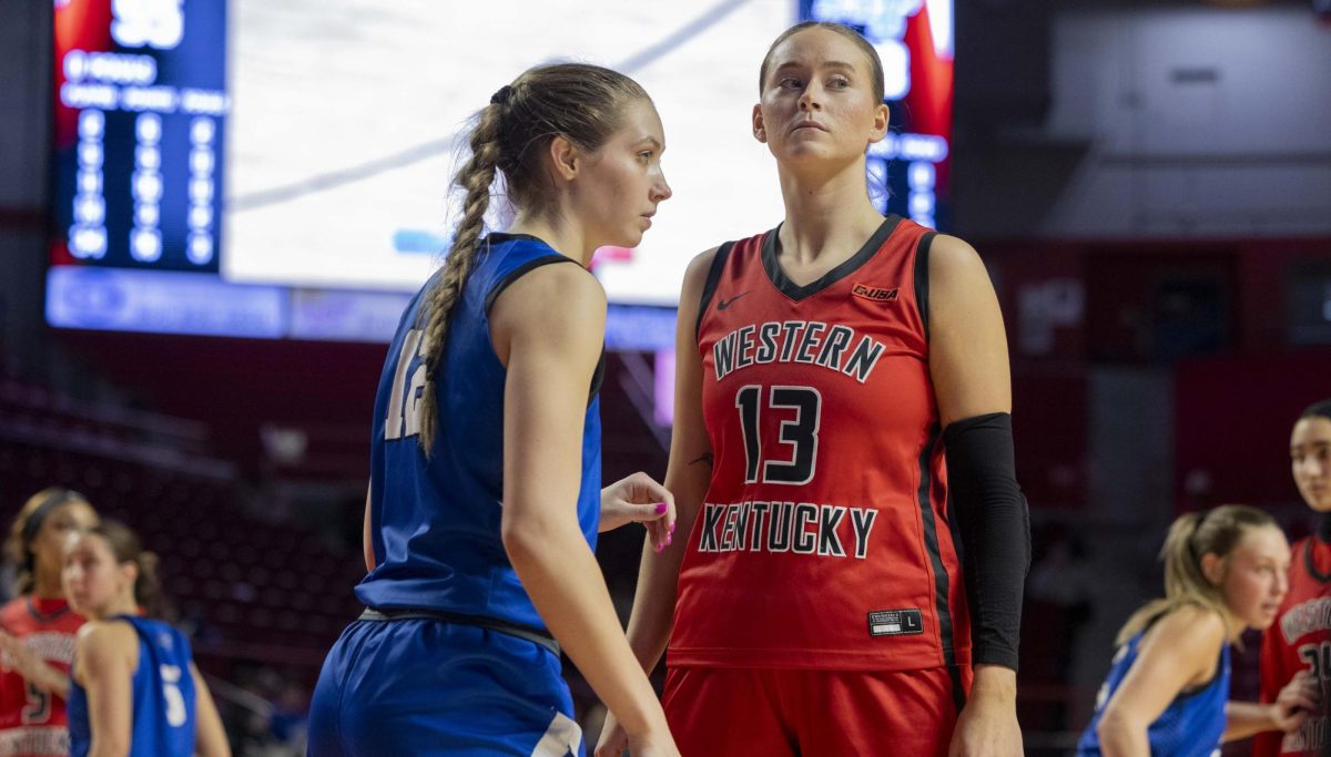 Middle Tennessee State University’s Lady Raiders get in position right in front of the Lady Toppers before a play during WKU’s game against MTSU in E.A. Diddle arena on Saturday, Feb. 21, 2026. 