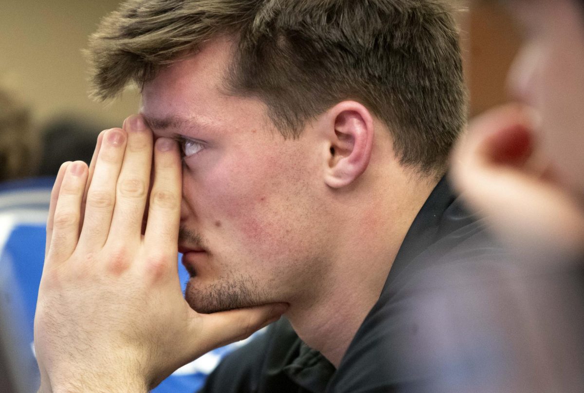 Freshman Senator Landon Terry reacts to questioning from Senior Senator Malachi Humble on a proposal to fund menstrual products on campus during a nearly two-hour Student Government Association weekly meeting in the DSU Senate Chambers on Tuesday, Feb. 24, 2026. 