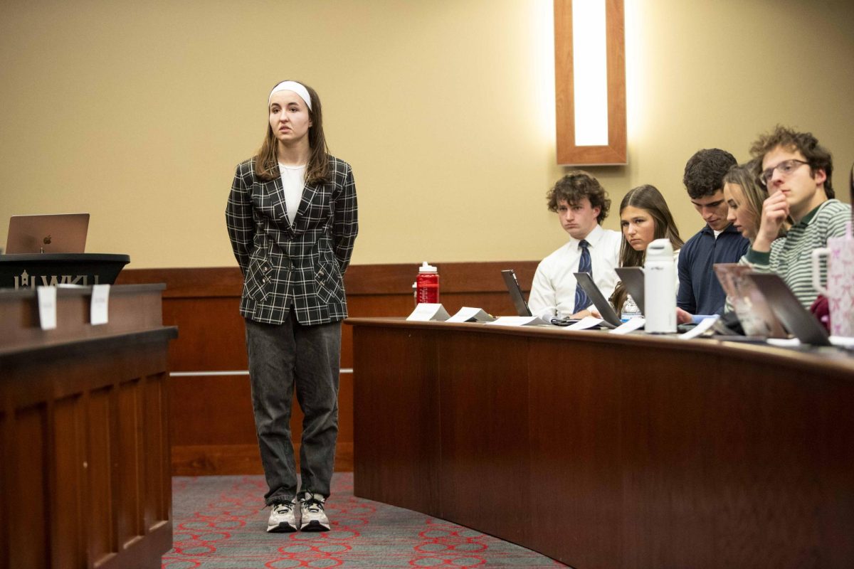 Senator Sydney Rettig presents a bill funding menstrual product baskets for students on campus during the Student Government Association’s weekly meeting in the DSU Senate Chambers on Tuesday, Feb. 24, 2026. The bill passed unanimously and would provide $756.06 for 2,920 menstruation products. 