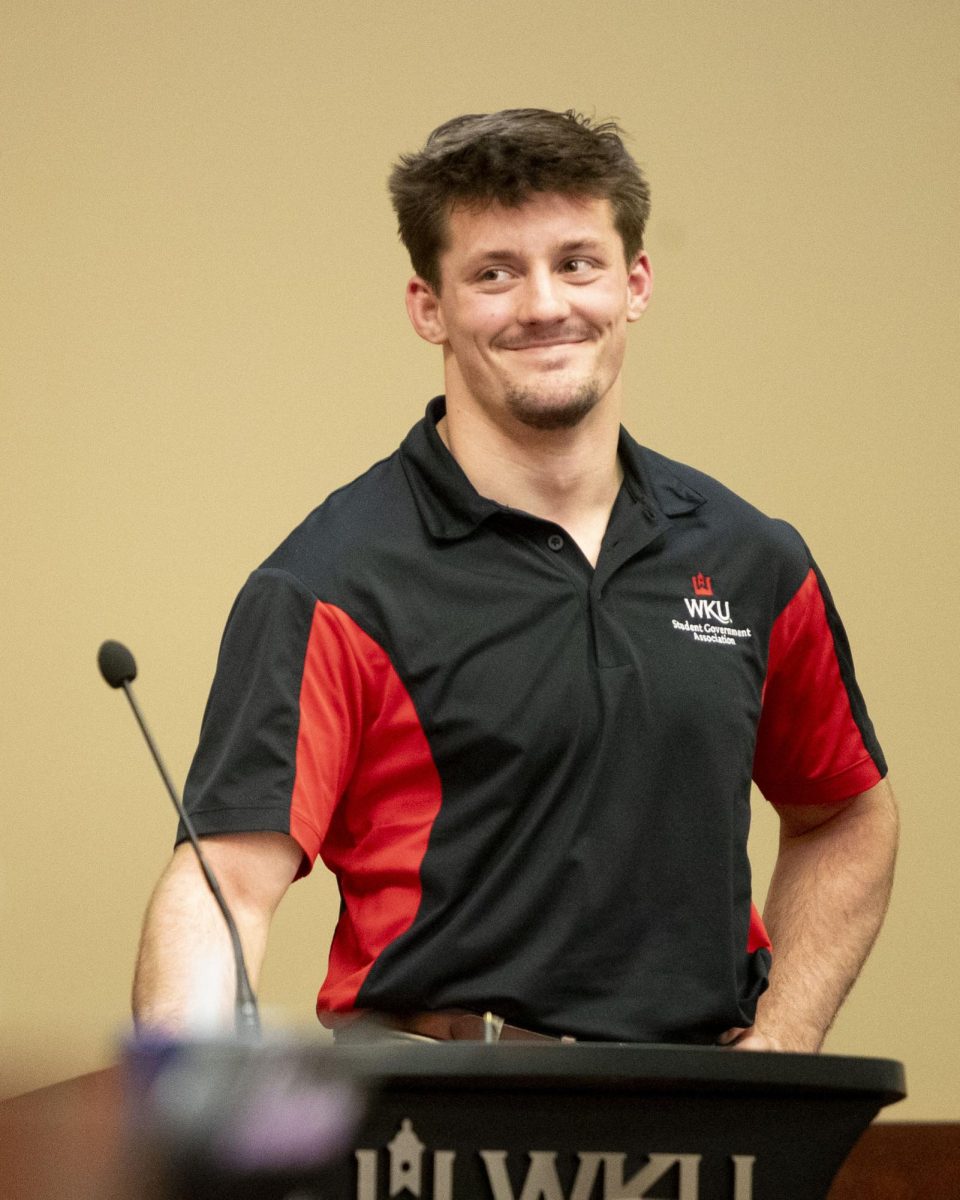 Freshman Senator Landon Terry presented a bill allocating funding for new ping pong paddles in Zacharias Hall during the Student Government Association’s weekly meeting in the DSU Senate Chambers on Tuesday, Feb. 24, 2026. The bill passed unanimously. 