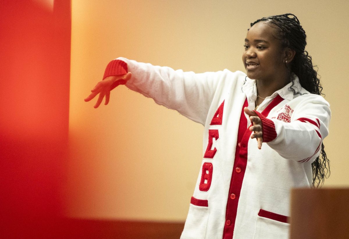 Delta Sigma Theta member and reigning homecoming queen Rayna Taylor speaks to senators about National Pan-Hellenic Council’s Greek life during the Student Government Association’s weekly meeting in the DSU Senate Chambers on Tuesday, Feb. 24, 2026. The NPHC is an organization composed of historically African American fraternities and sororities, commonly known as the “Divine Nine.” 