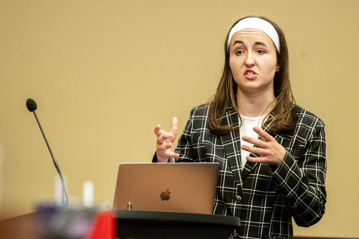 Senator Sydney Rettig proposes a new bill allocating $756.06 to fund “period baskets” stocked with menstrual products for students on campus during the Student Government Association’s weekly meeting in the DSU Senate Chambers on Tuesday, Feb. 24, 2026. Rettig’s bill passed unanimously despite questioning from Senior Senator Malachi Humble. 