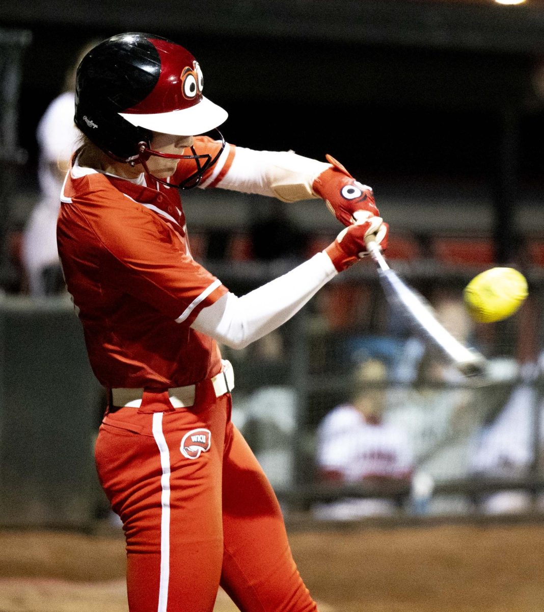 Western Kentucky University Hilltoppers outfielder Kendle White (21) hits the ball during a game against IU Indy on Friday, Feb. 27, 2026. As a Sophomore she scored 39 hits.