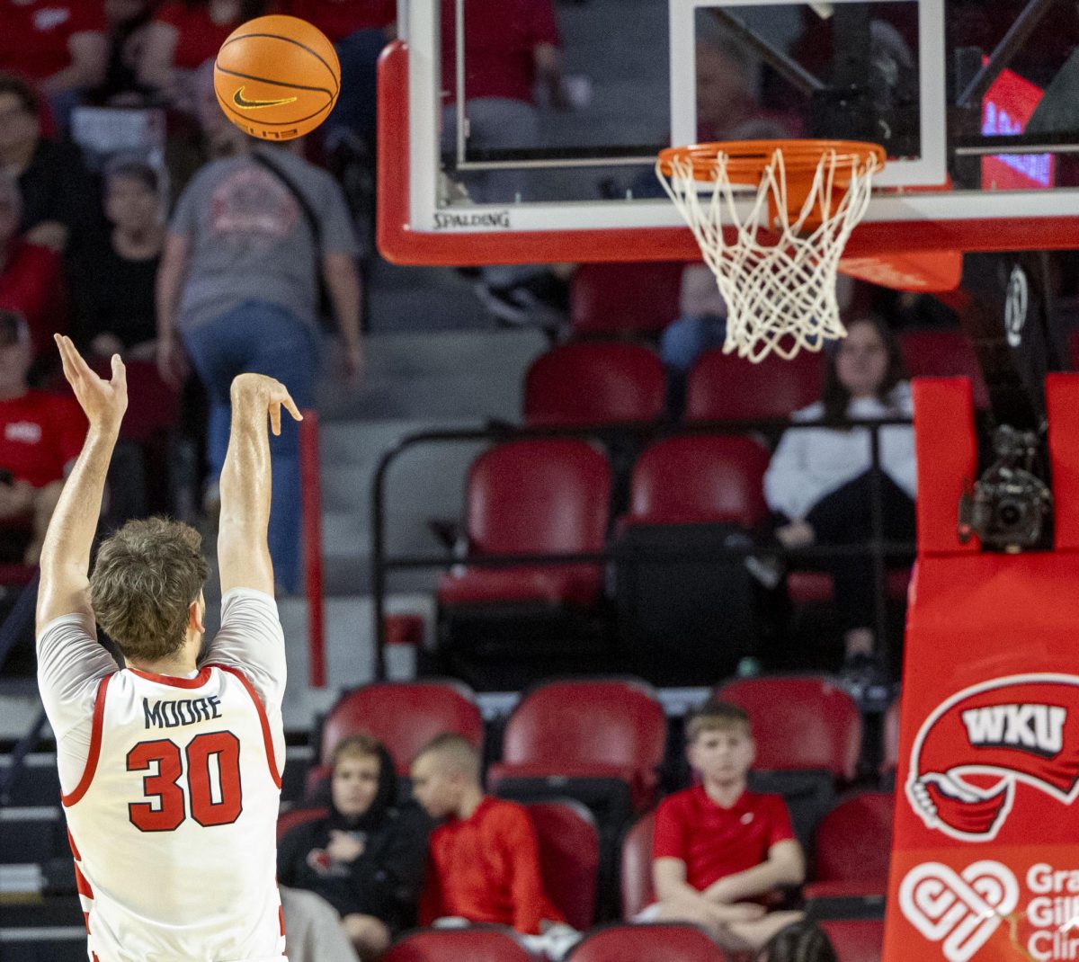 Western Kentucky University Hilltoppers guard Teagan Moore (30) shoots the ball during WKU versus UTEP on Saturday, Feb. 28, 2026. He has scored a total of 623 points.