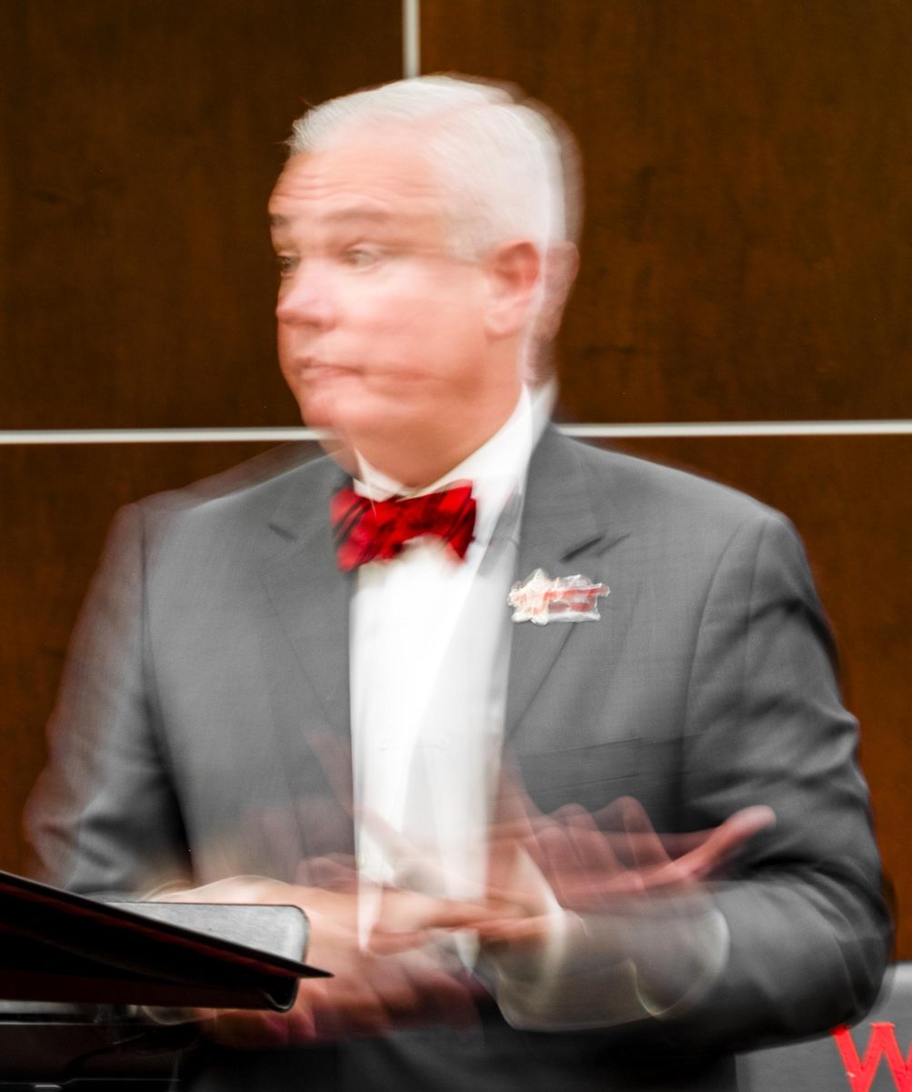 WKU President Timothy Caboni answers questions submitted by staff during the monthly Staff Senate meeting in the SGA chambers on Sept. 2, 2025.