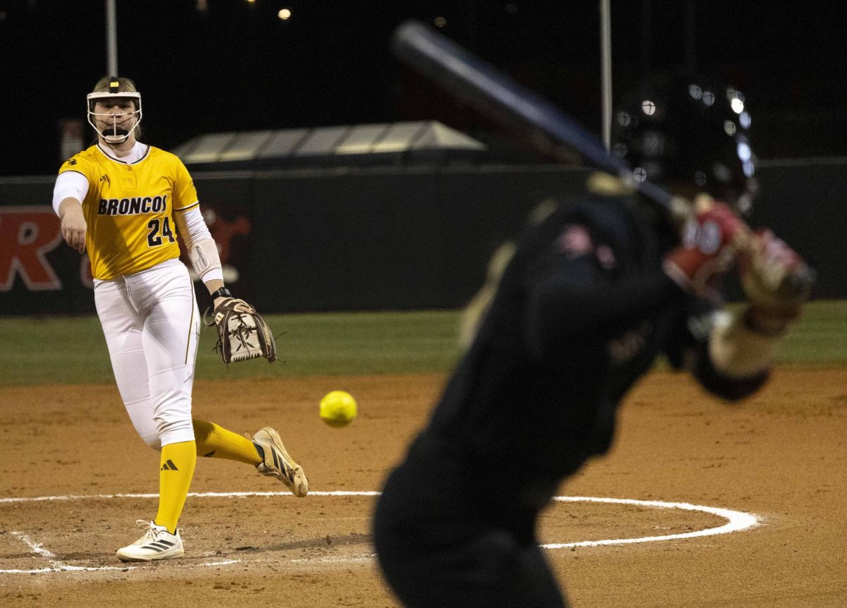 Western Michigan Broncos Pitcher Hannah Potts (24) throws a pitch to Western Kentucky University Hilltoppers outfielder Kendle White (21) during a home game on Friday, Feb. 20, 2026 against the Western Michigan Broncos.