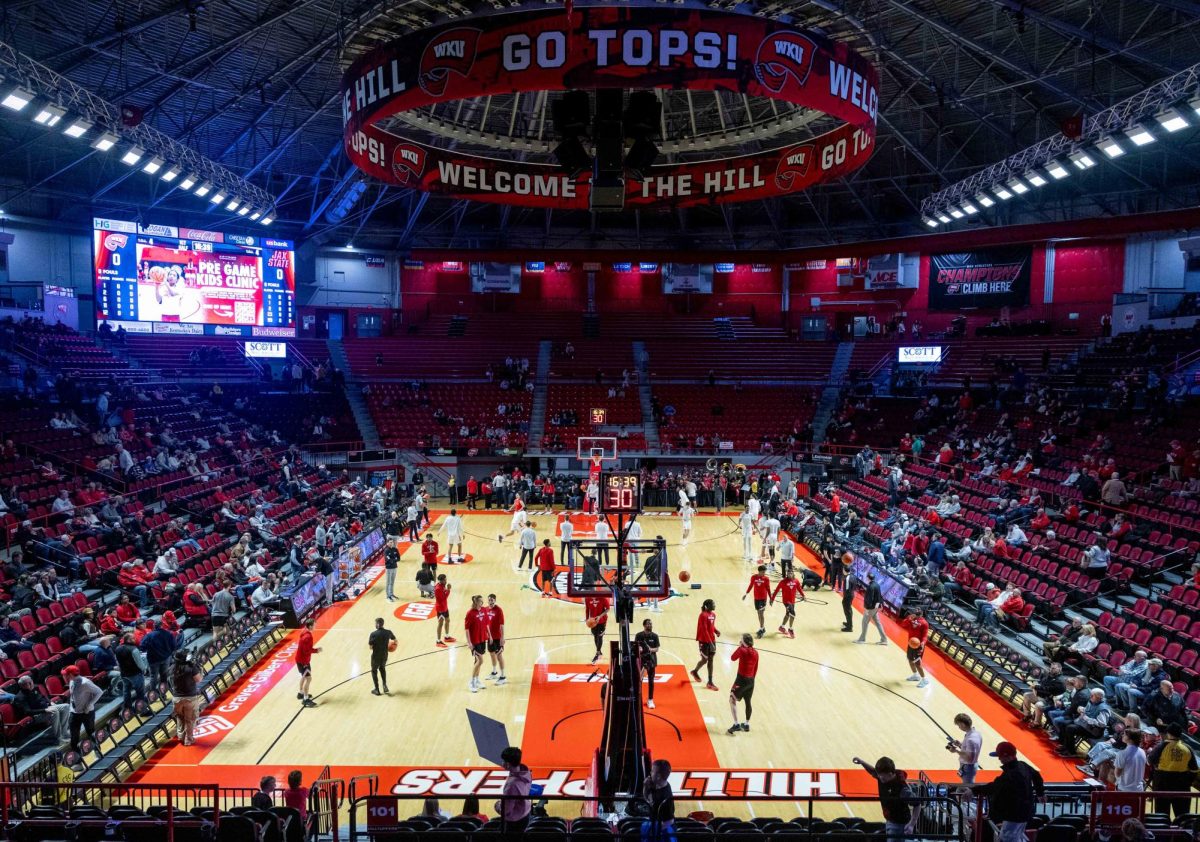 Western Kentucky University Hilltoppers and Jacksonville State Gamecocks warm up before the game in E.A. Diddle Arena on Thursday February 5, 2026. 