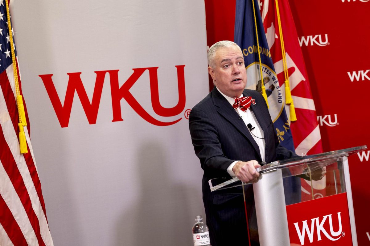 WKU President Timothy C. Caboni addressed local media at his press conference in Van Meter Hall on Tuesday, Feb. 3, 2026. 