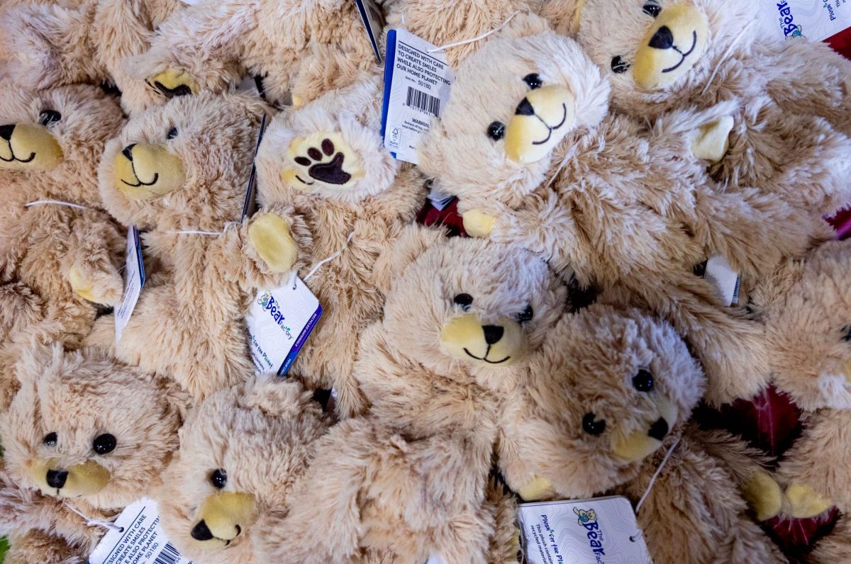 Unstuffed plushie bears are piled on a table waiting to be filled Stuff-A-Plushie event in Downing Student Union on Tuesday, Feb. 10, 2026.