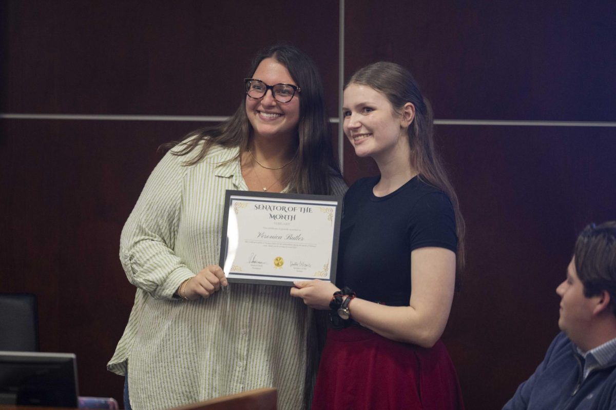 Senator at-large Veronica Butler receives “Senator of the Month” during the Student Government Association’s weekly meeting in the Downing Student Union Senate Chamber on Tuesday, March 3, 2026. 