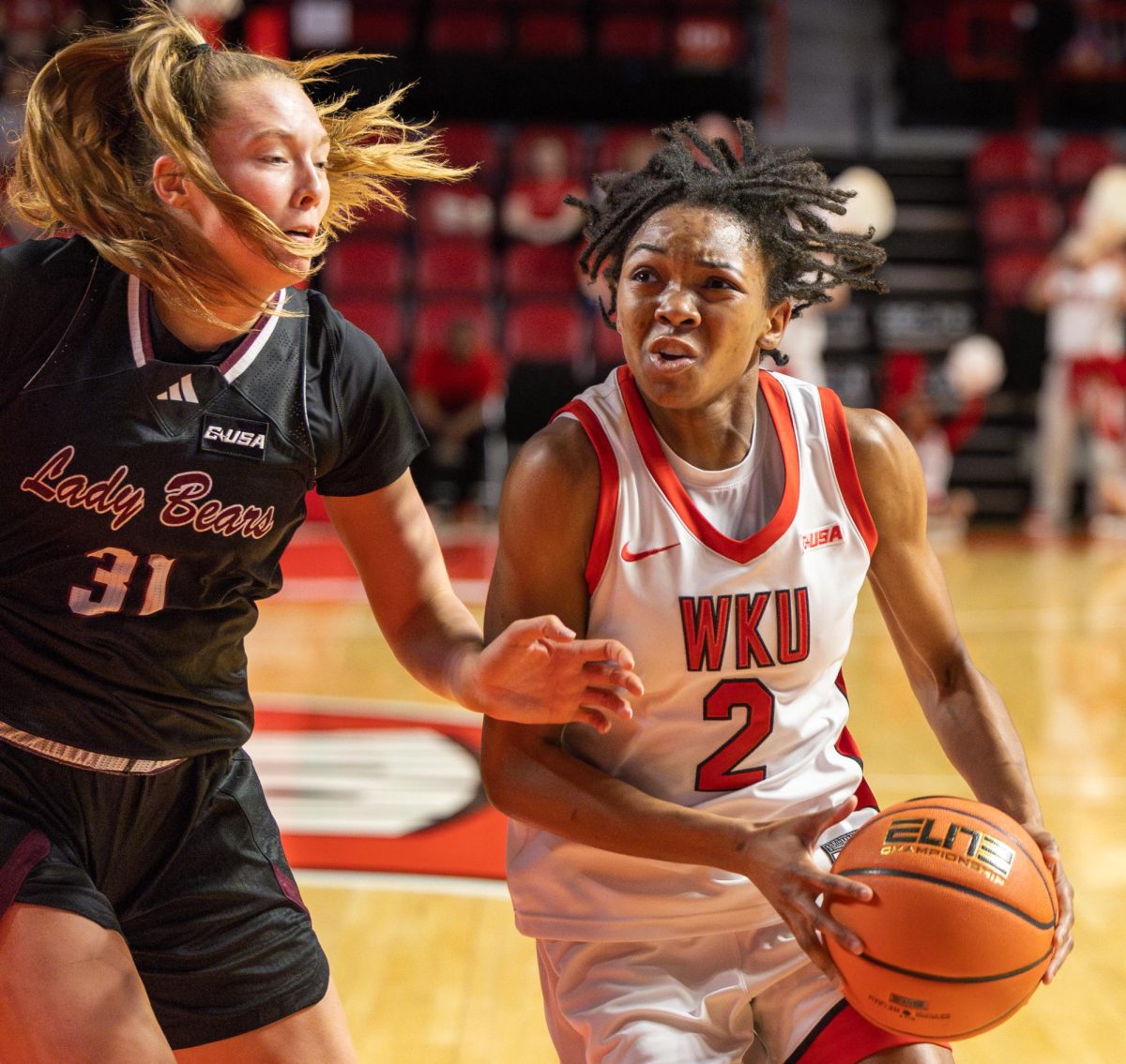 Western Kentucky’s Torri James (2) yells to a teammate before the next play during women’s basketball game against Missouri State at E.A. Diddle Arena in Bowling Green, Kentucky., Thursday, March 5, 2026.