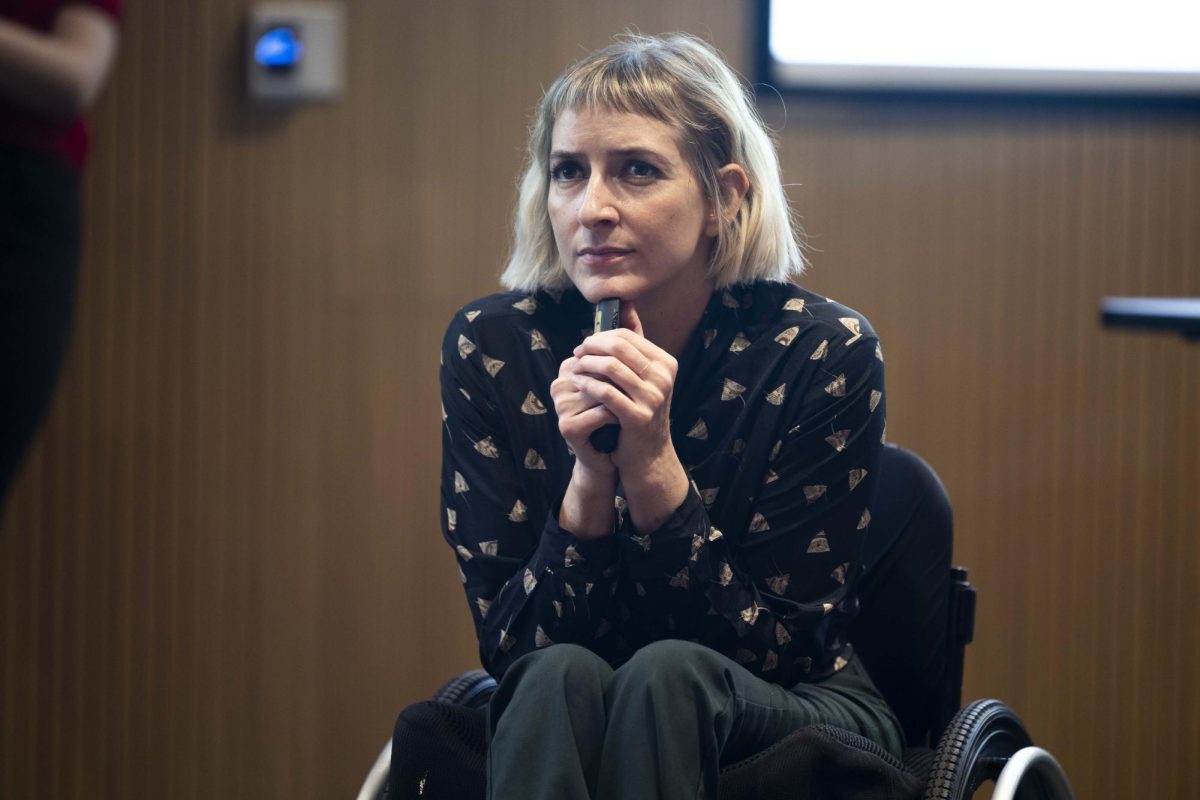 Rebekah Taussig listens to audience members ask questions at the end of her presentation about why accessibility is important during Potter College of Art’s Cultural Enhancement Series in Chandler Hall’s Auditorium on Thursday, March 5, 2026. 