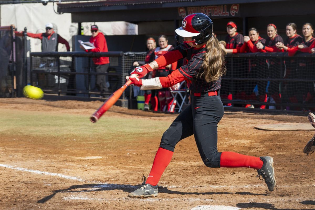 Western Kentucky University Hilltoppers infielder Morgan Sharpe (6) hits the ball and goes for a triple during WKU’s game against Missouri State on Sunday, March 8, 2026. 