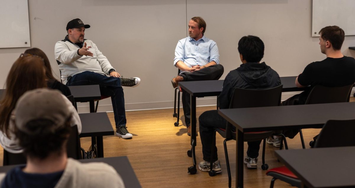 CEO and Founder of Vid Monster Productions, Sam Kirby, and CEO and Founder of Sublime Media Group, Austin Albany, talked about their experience and answered students questions during the Founder v. Founder event in Chandler Hall on Monday, March 2, 2026. 
