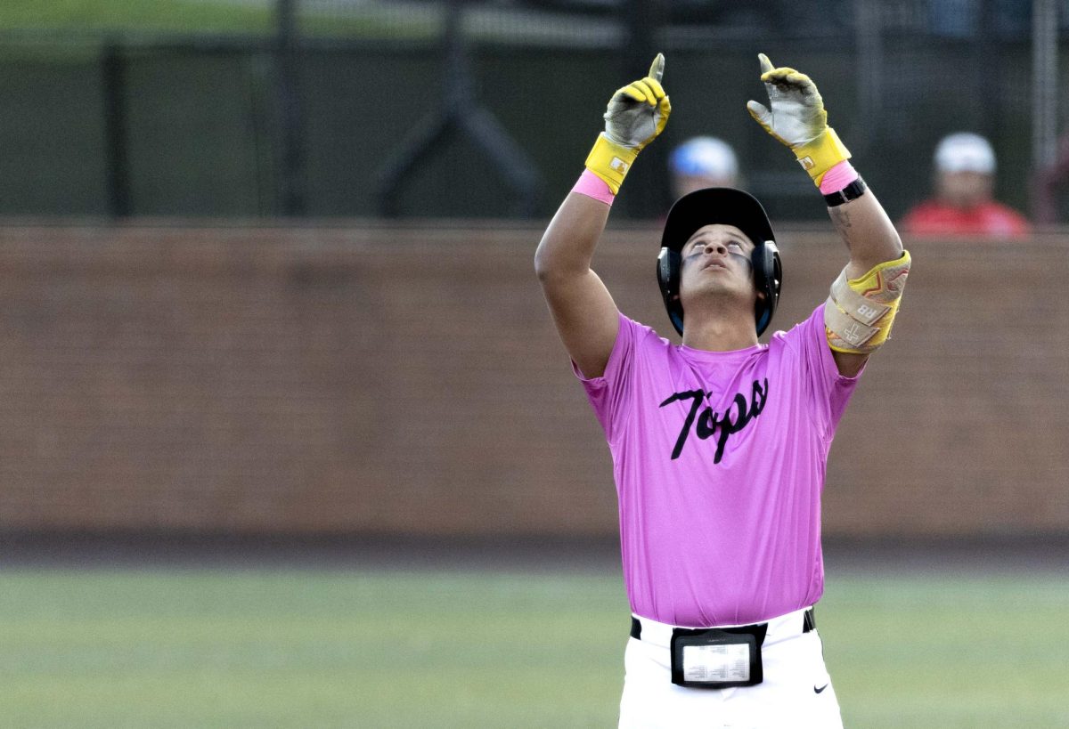 Western Kentucky University third baseman JP Acosta (4) celebrates after hitting a double during WKU’s game against the Belmont Bruins at Nick Denes Field on Tuesday, April 7, 2026. Acosta is batting a .257 average on the season. 