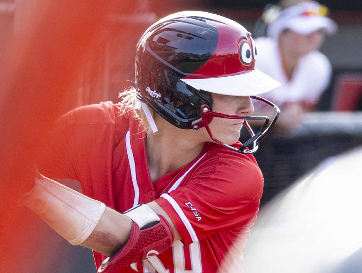 Western Kentucky University outfielder Kendle White (21) attempts to hit the ball at the WKU vs Sam Houston game on Friday, April 3, 2026, at the WKU Softball Complex. White has a .339 average so far this season.