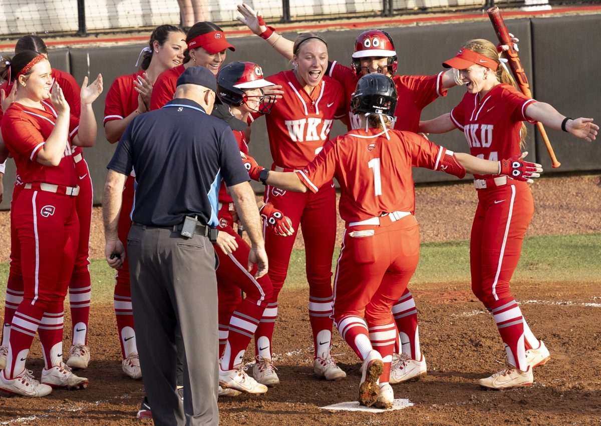 Western Kentucky University infielder Lauren Satterly (1) hit her first collegiate home run on Friday, April 3, 2026, at the WKU Softball Complex, leaving the Hilltoppers a 3-1 lead.